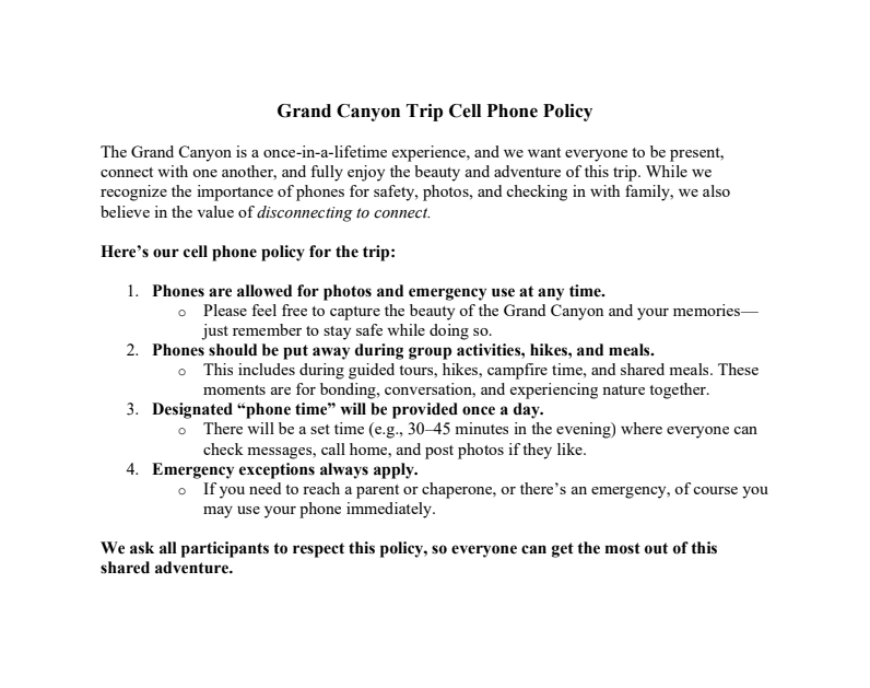 2027 Grand Canyon Cell Phone Policy